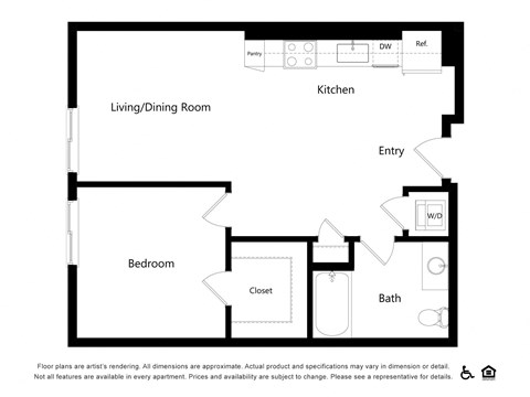 Floor plan for 1 bed, 1 bath, 725 sqft